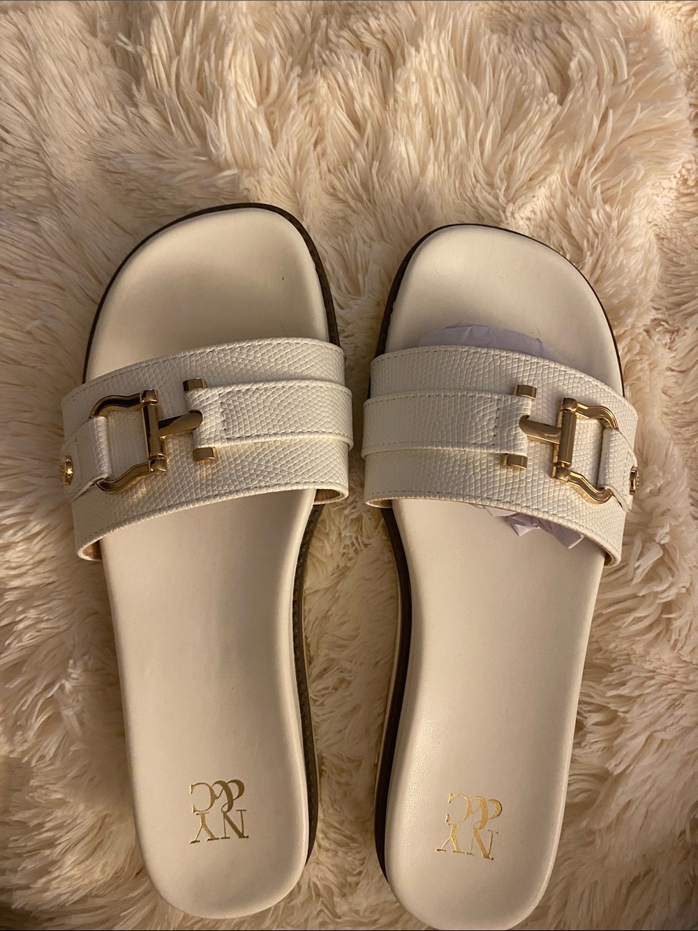 NYC Carlyn White Buckle Slide Sandals US 8 NWT